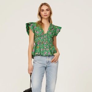 DEREK LAM 10 CROSBY Roselyn Ruffle Sleeve Top In Green Multi